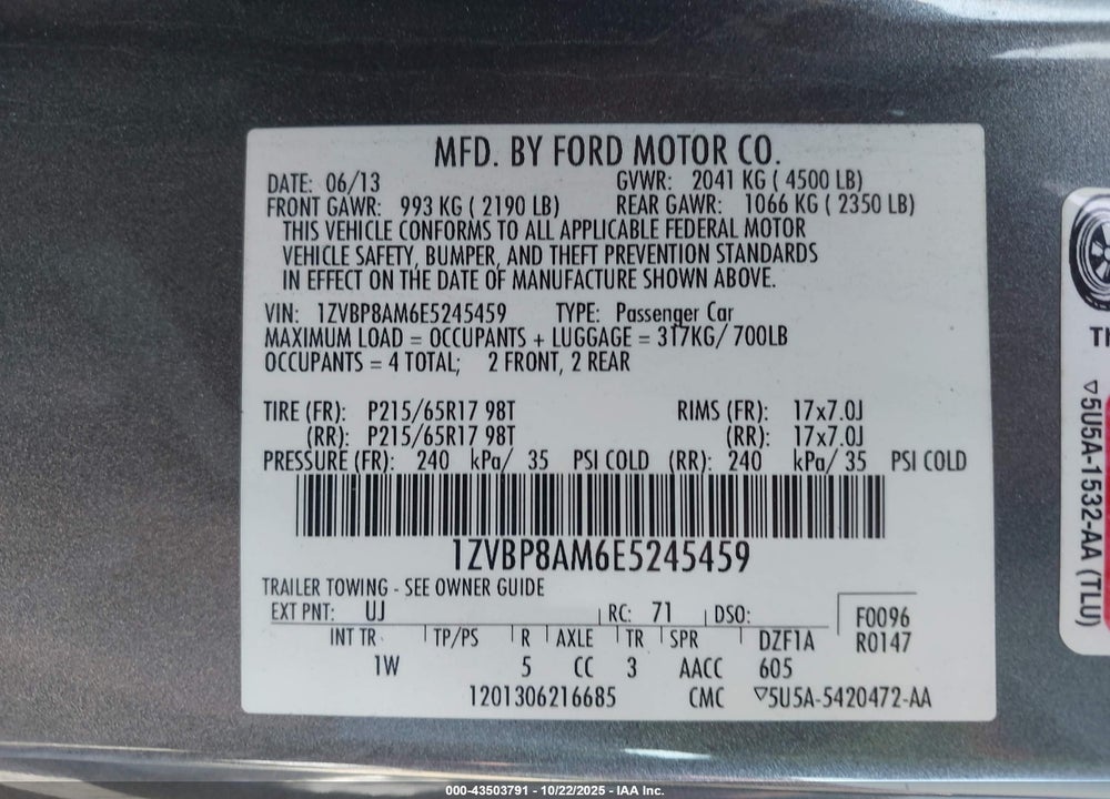 2014 FORD MUSTANG VIN: 1ZVBP8AM6E5245459