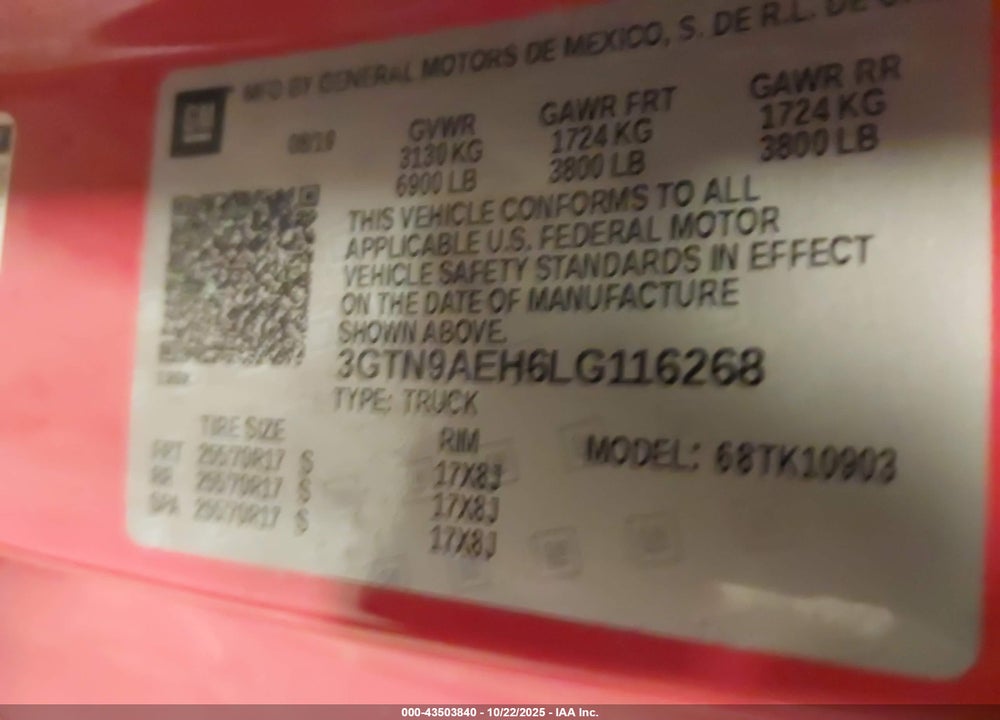 2020 GMC SIERRA 1500 4WD  LONG BOX VIN: 3GTN9AEH6LG116268