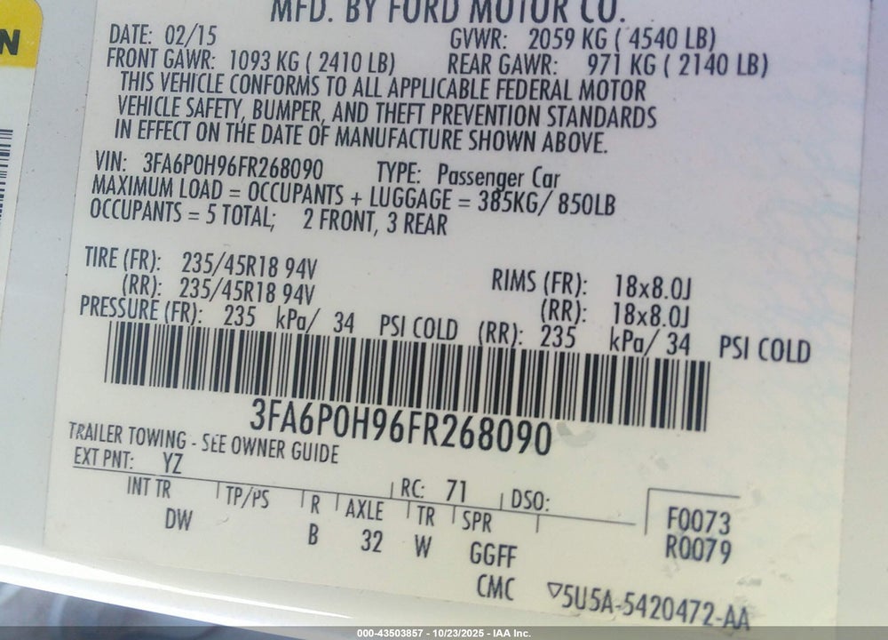 2015 FORD FUSION VIN: 3FA6P0H96FR268090