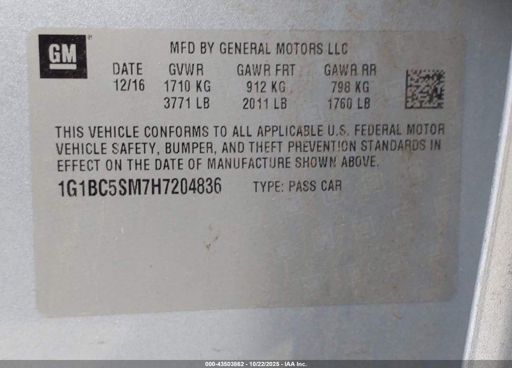 2017 CHEVROLET CRUZE LS AUTO VIN: 1G1BC5SM7H7204836