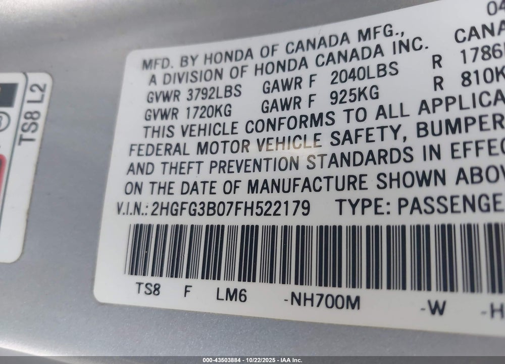 2015 HONDA CIVIC EX-L VIN: 2HGFG3B07FH522179