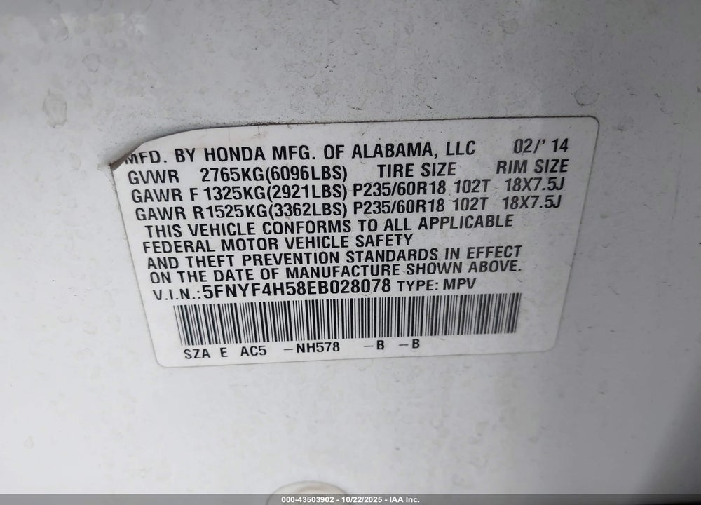 2014 HONDA PILOT EX-L VIN: 5FNYF4H58EB028078