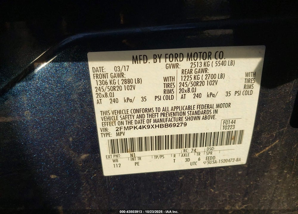 2017 FORD EDGE TITANIUM VIN: 2FMPK4K9XHBB69279