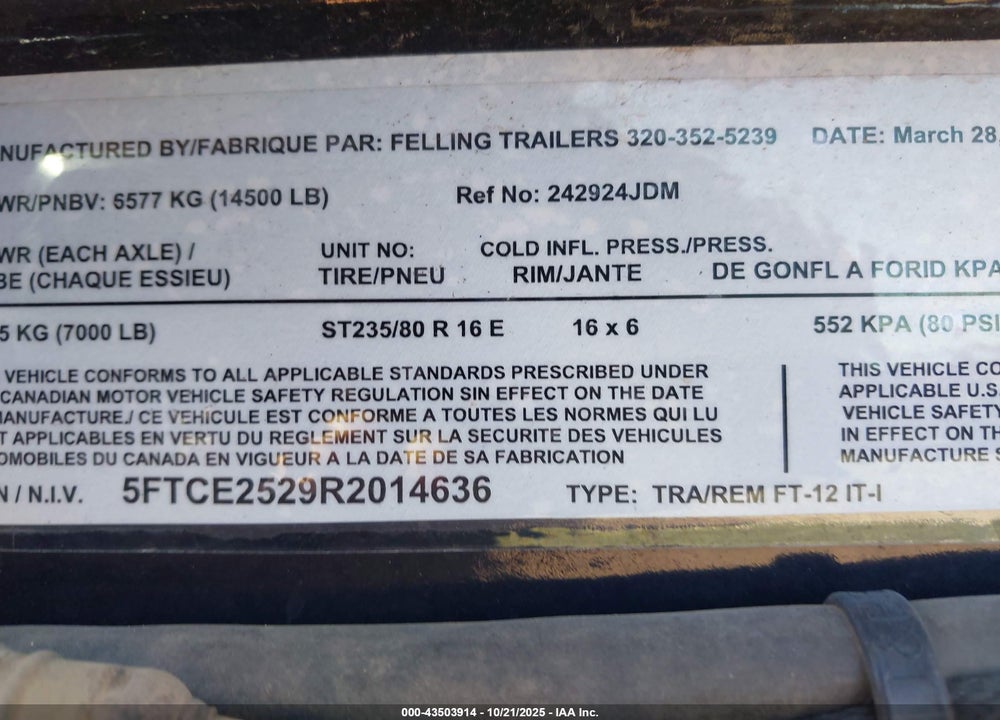 2024 FELLING TRAILERS --- VIN: 5FTCE2529R2014636