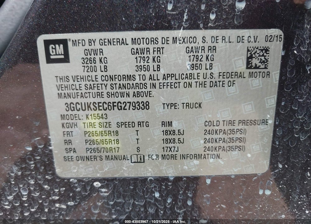 2015 CHEVROLET SILVERADO 1500 2LZ VIN: 3GCUKSEC6FG279338