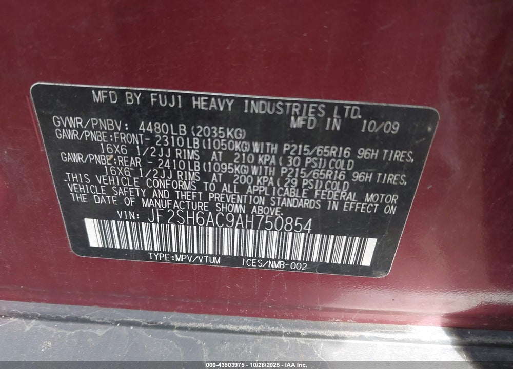 2010 SUBARU FORESTER 2.5X VIN: JF2SH6AC9AH750854