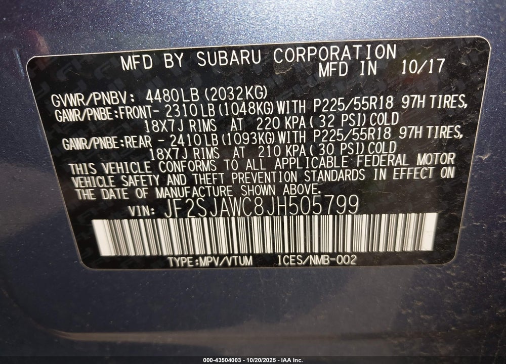 2018 SUBARU FORESTER VIN: JF2SJAWC8JH505799