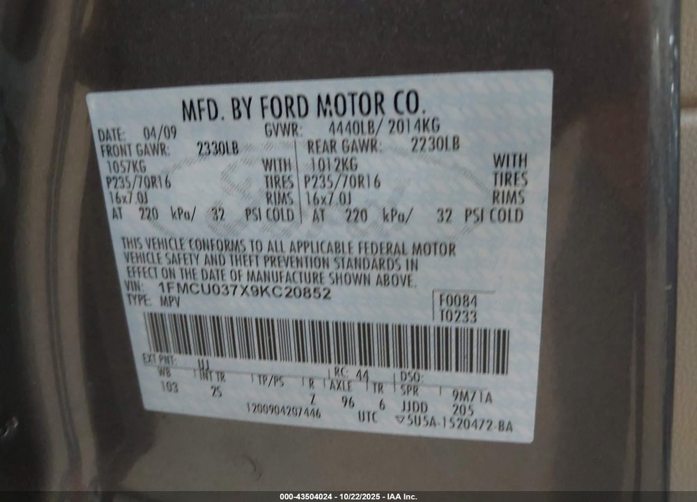 2009 FORD ESCAPE VIN: 1FMCU037X9KC20852