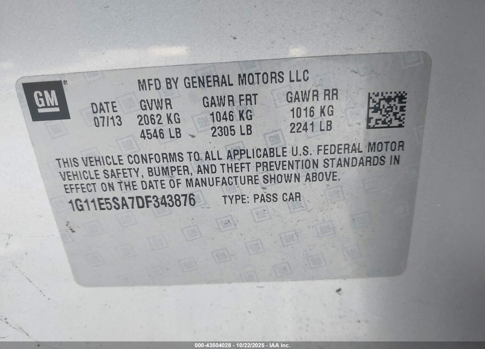 2013 CHEVROLET MALIBU VIN: 1G11E5SA7DF343876