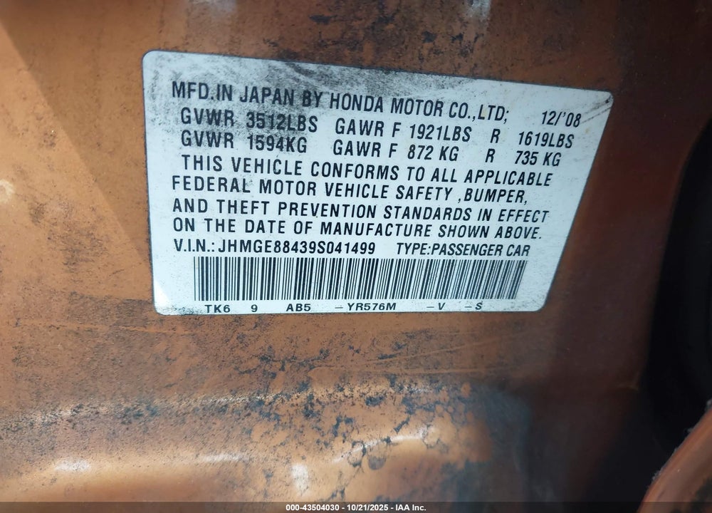 2009 HONDA FIT VIN: JHMGE88439S041499