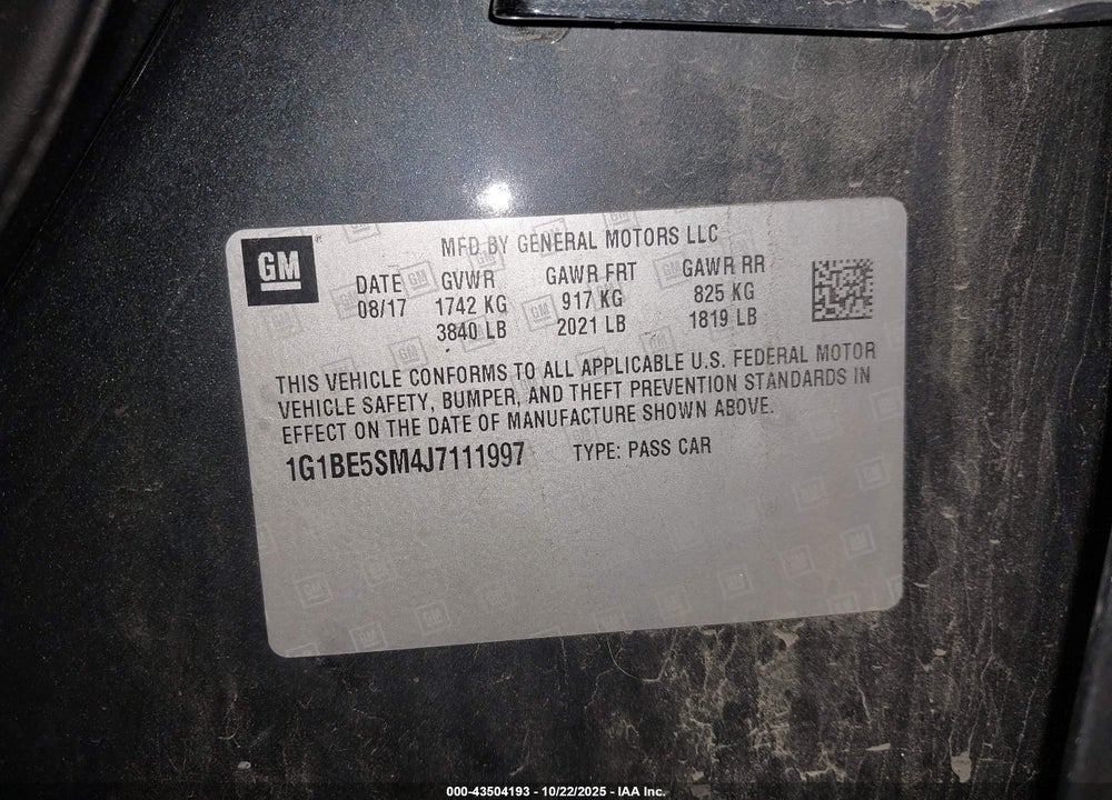2018 CHEVROLET CRUZE LT AUTO VIN: 1G1BE5SM4J7111997