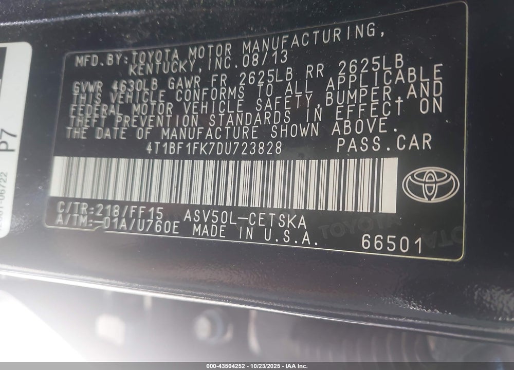 2013 TOYOTA CAMRY VIN: 4T1BF1FK7DU723828