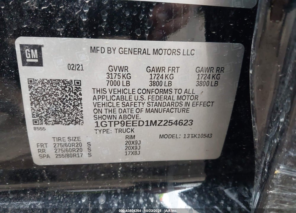 2021 GMC SIERRA 1500 VIN: 1GTP9EED1MZ254623