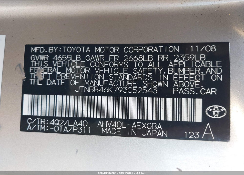 2009 TOYOTA CAMRY HYBRID VIN: JTNBB46K793052543