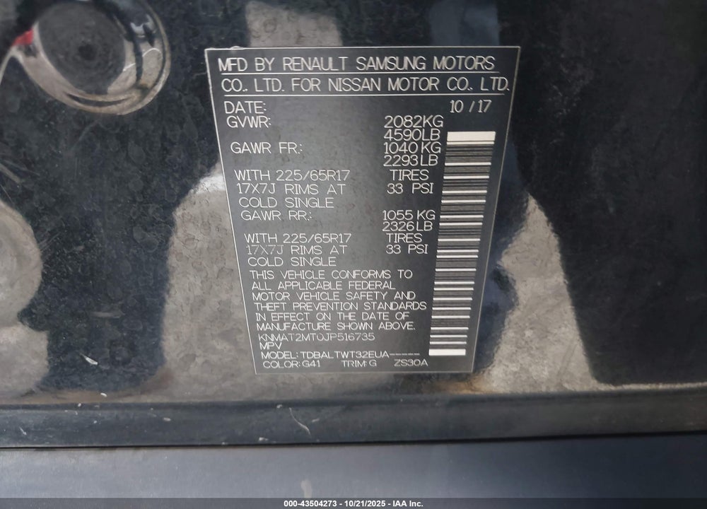 2018 NISSAN ROGUE SV VIN: KNMAT2MT0JP516735