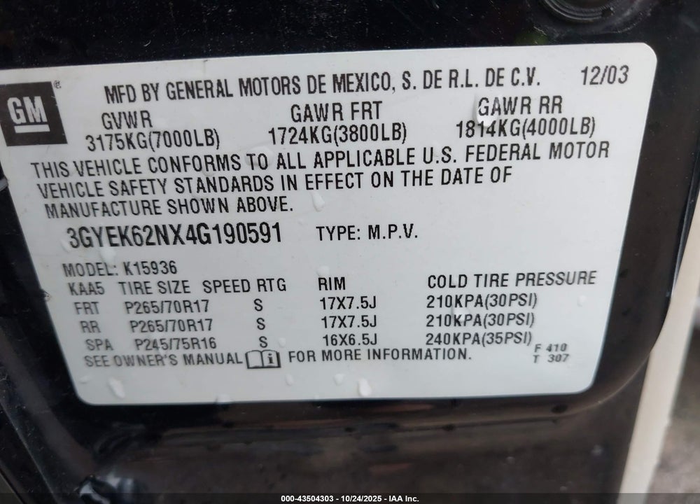 2004 CADILLAC ESCALADE EXT STANDARD VIN: 3GYEK62NX4G190591