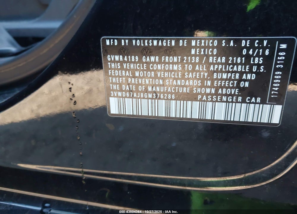 2016 VOLKSWAGEN JETTA 1.4T SE VIN: 3VWD67AJ8GM376286