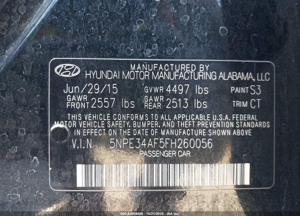 2015 HYUNDAI SONATA VIN: 5NPE34AF5FH260056