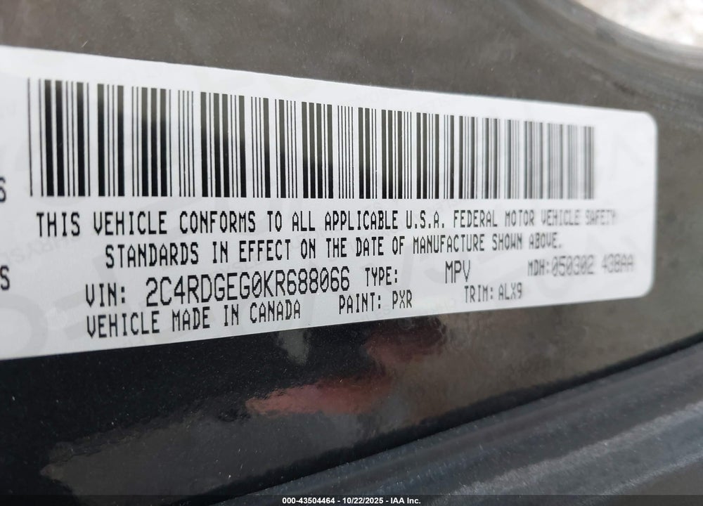 2019 DODGE GRAND CARAVAN GT VIN: 2C4RDGEG0KR688066
