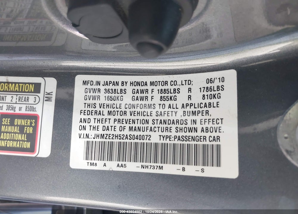 2010 HONDA INSIGHT LX VIN: JHMZE2H52AS040072