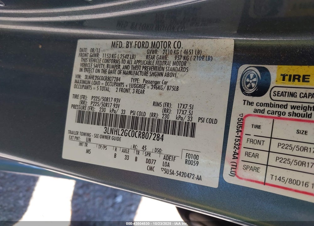 2012 LINCOLN MKZ VIN: 3LNHL2GC0CR807284