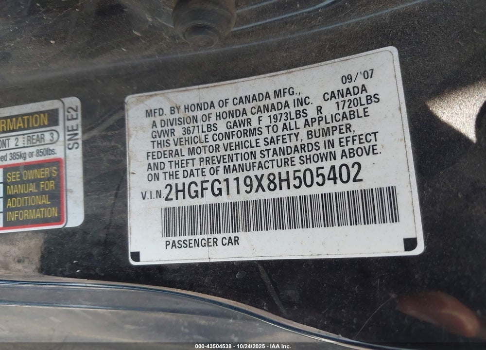 2008 HONDA CIVIC VIN: 2HGFG119X8H505402