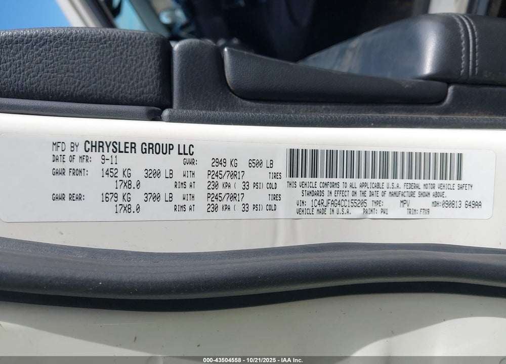 2012 JEEP GRAND CHEROKEE VIN: 1C4RJFAG4CC155205