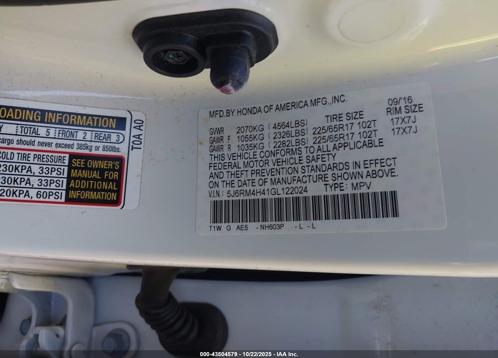 2016 HONDA CR-V SE VIN: 5J6RM4H41GL122024