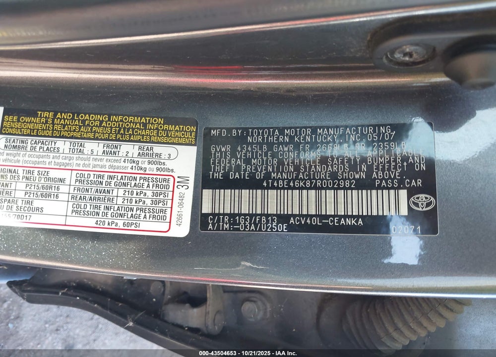 2007 TOYOTA CAMRY LE VIN: 4T4BE46K87R002982