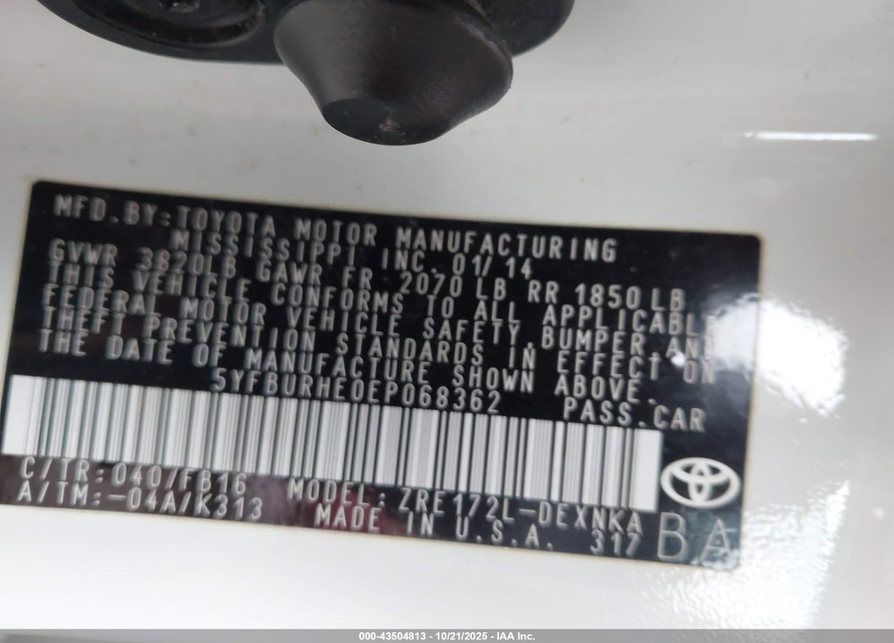2014 TOYOTA COROLLA LE VIN: 5YFBURHE0EP068362