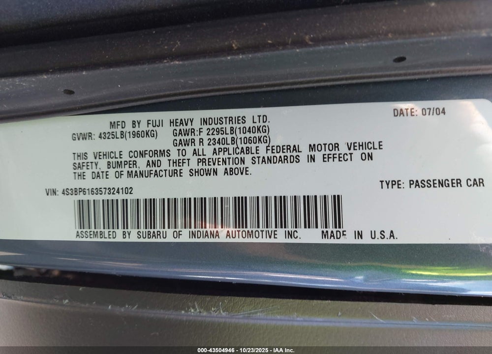 2005 SUBARU LEGACY 2.5I VIN: 4S3BP616357324102