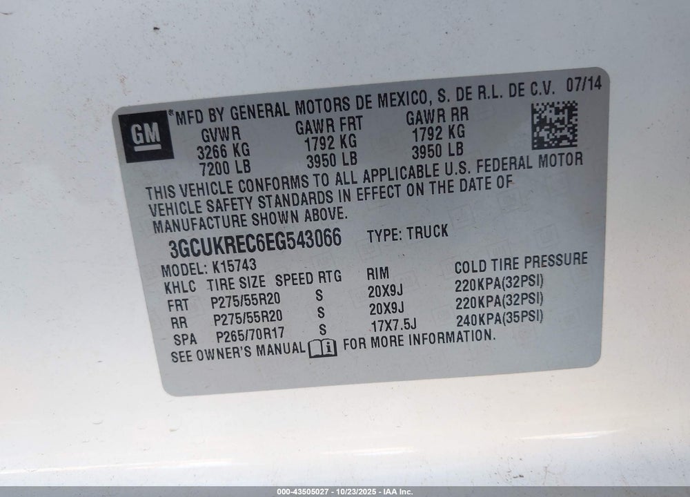 2014 CHEVROLET SILVERADO 1500 1LT VIN: 3GCUKREC6EG543066