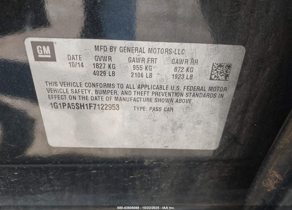 2015 CHEVROLET CRUZE VIN: 1G1PA5SH1F7122953