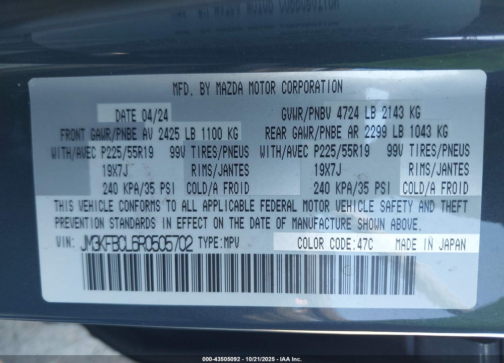 2024 MAZDA CX-5 VIN: JM3KFBCL6R0505702