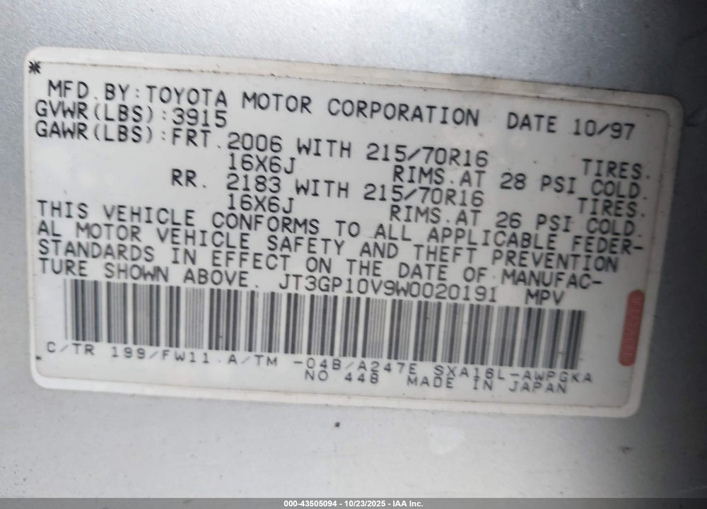 1998 TOYOTA RAV4 VIN: JT3GP10V9W0020191