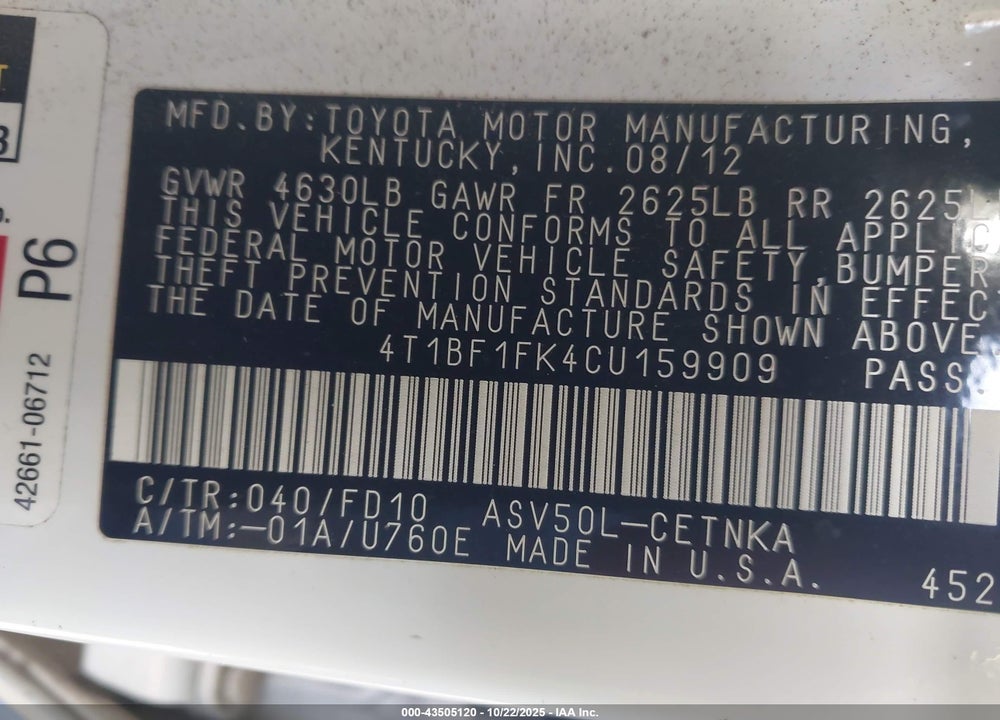 2012 TOYOTA CAMRY LE VIN: 4T1BF1FK4CU159909