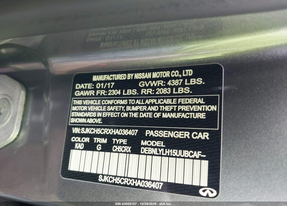 2017 INFINITI QX30 PREMIUM VIN: SJKCH5CRXHA036407