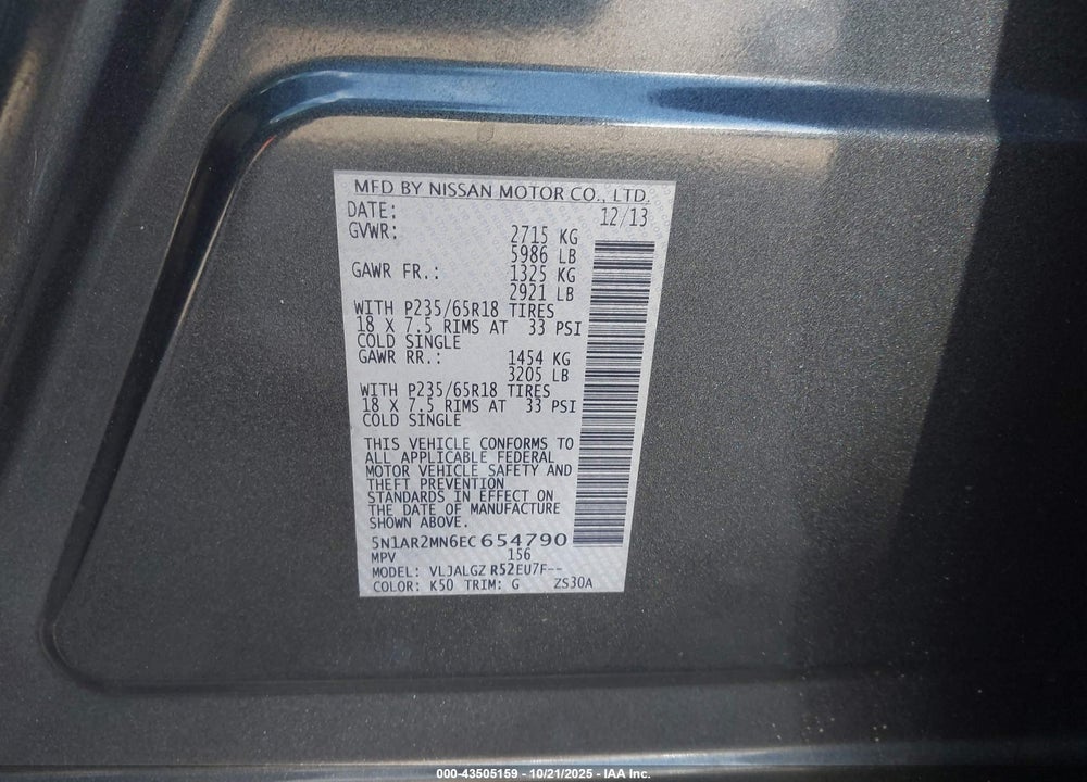 2014 NISSAN PATHFINDER SL VIN: 5N1AR2MN6EC654790