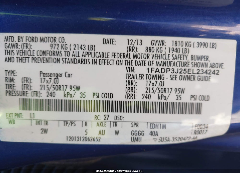 2014 FORD FOCUS VIN: 1FADP3J25EL234242