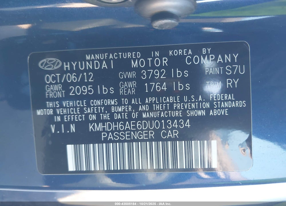 2013 HYUNDAI ELANTRA GS VIN: KMHDH6AE6DU013434