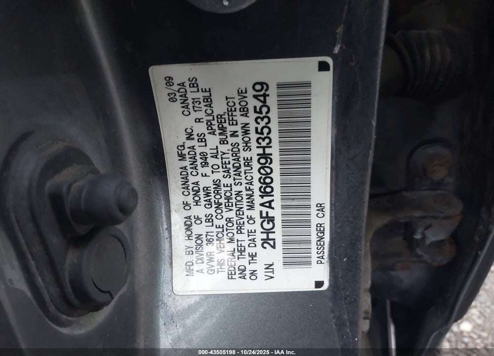 2009 HONDA CIVIC VIN: 2HGFA16609H353549
