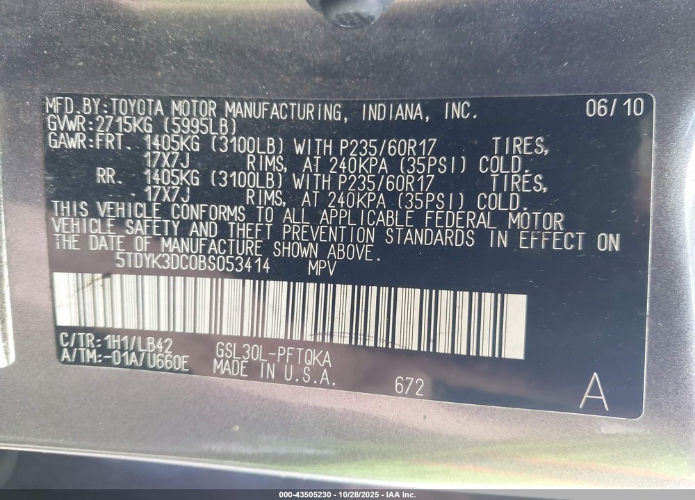 2011 TOYOTA SIENNA XLE V6 AUTO ACCESS SEAT VIN: 5TDYK3DC0BS053414