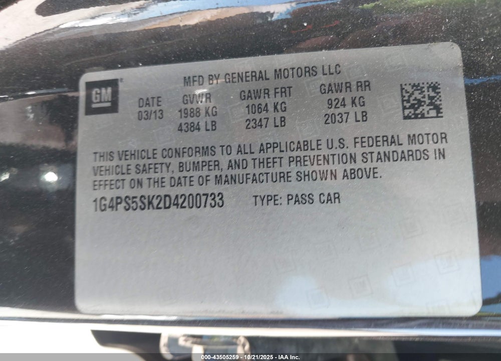 2013 BUICK VERANO LEATHER GROUP VIN: 1G4PS5SK2D4200733