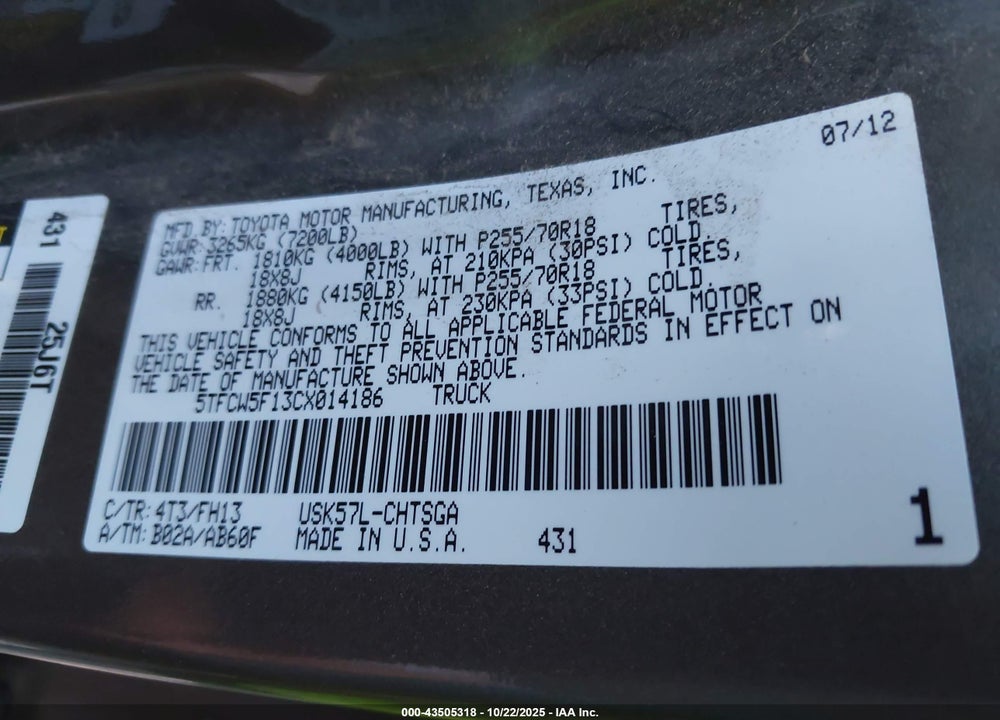 2012 TOYOTA TUNDRA GRADE 5.7L V8 VIN: 5TFCW5F13CX014186