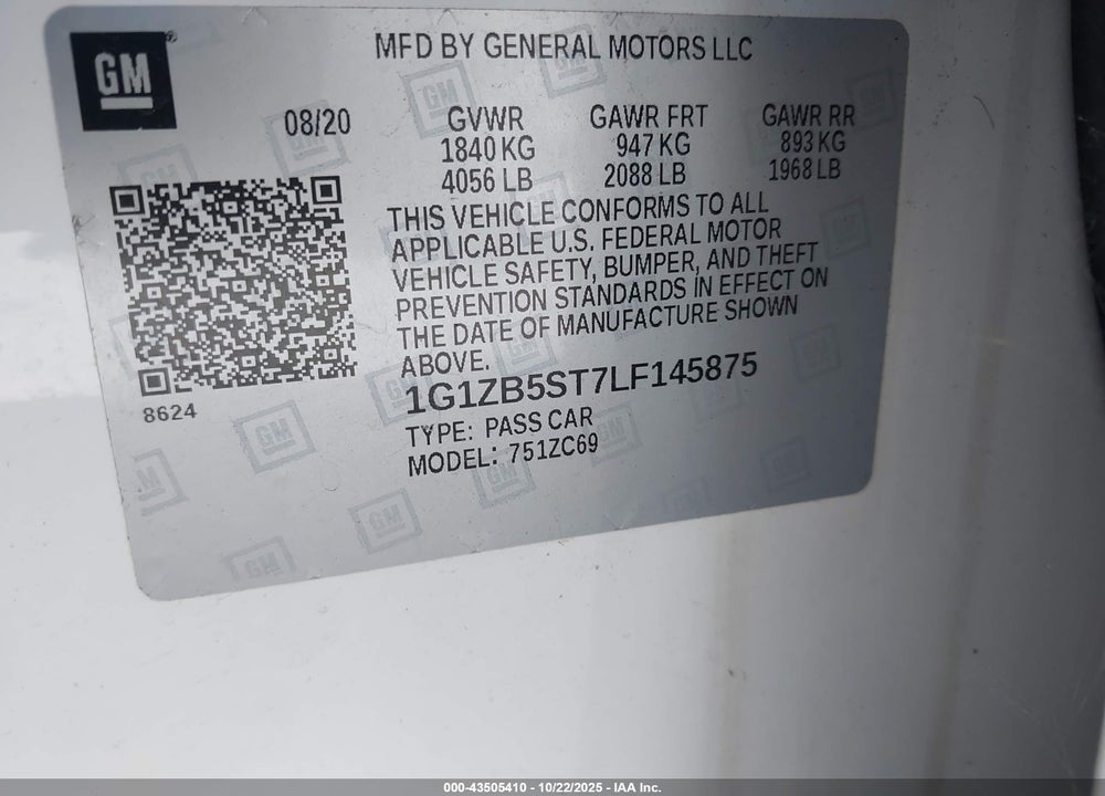 2020 CHEVROLET MALIBU VIN: 1G1ZB5ST7LF145875