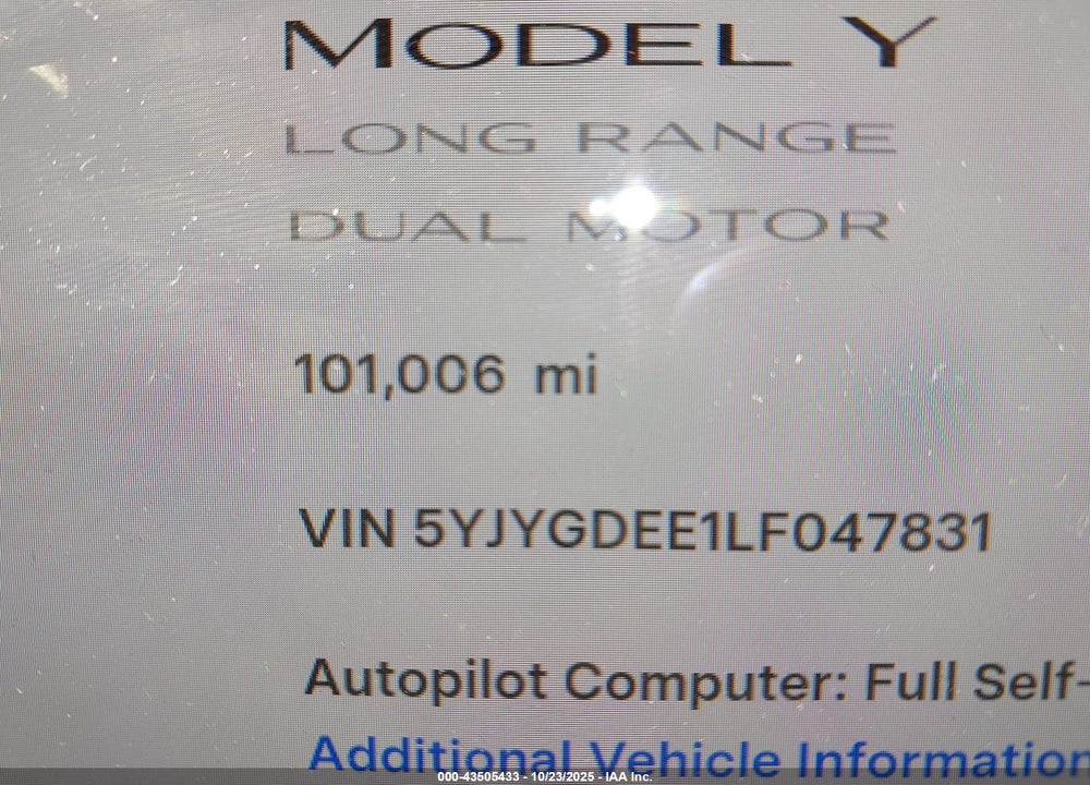2020 TESLA MODEL Y LONG RANGE DUAL MOTOR ALL-WHEEL DRIVE VIN: 5YJYGDEE1LF047831