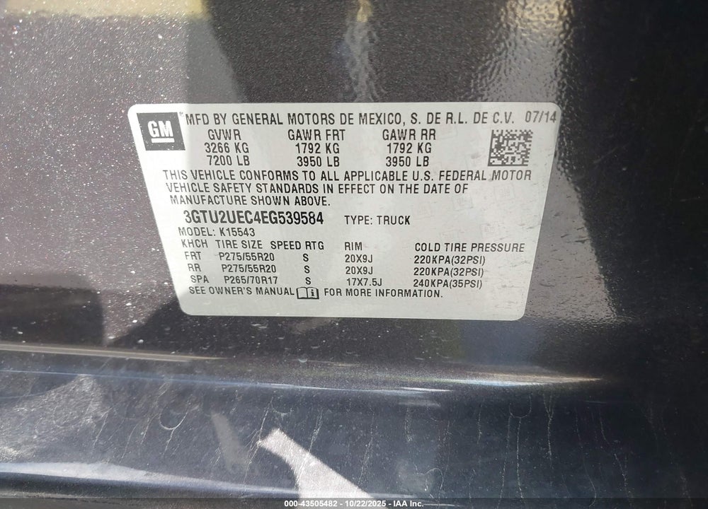 2014 GMC SIERRA 1500 SLE VIN: 3GTU2UEC4EG539584