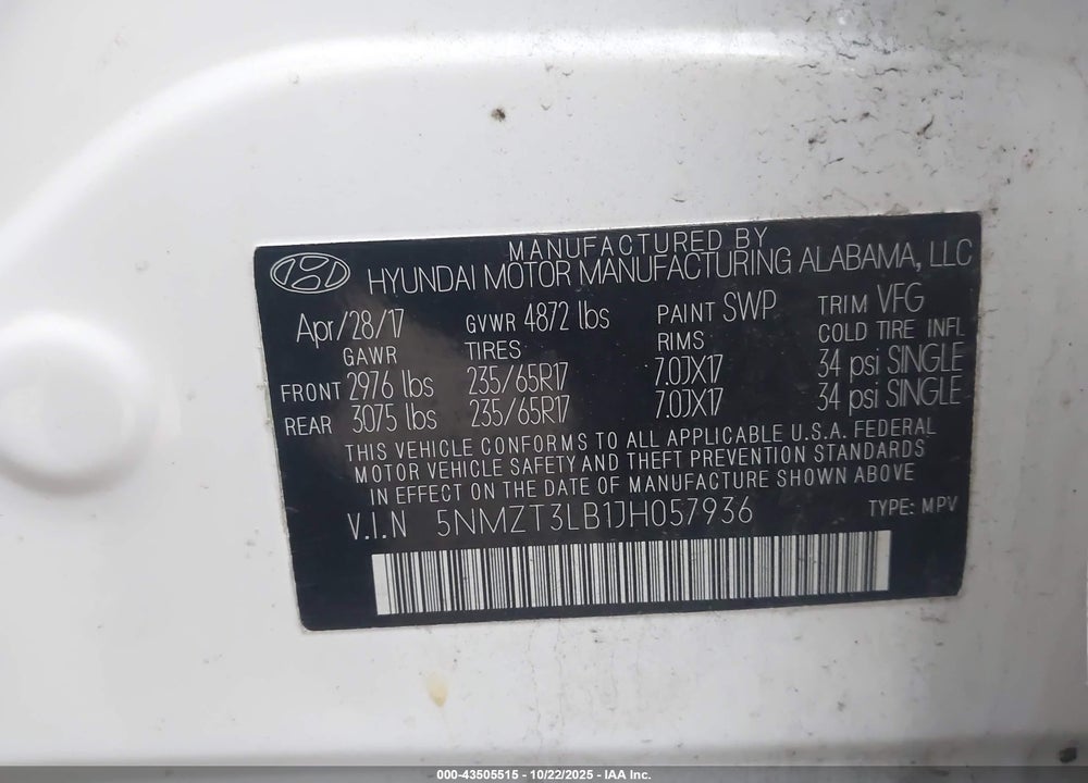2018 HYUNDAI SANTA FE SPORT 2.4L VIN: 5NMZT3LB1JH057936
