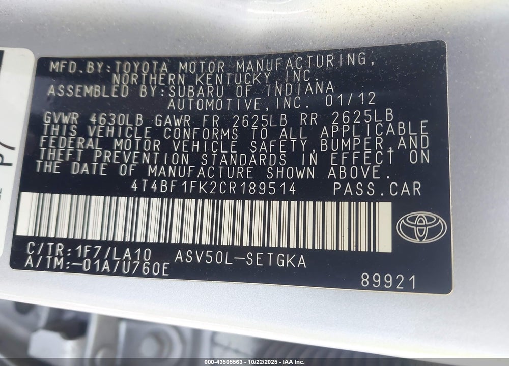 2012 TOYOTA CAMRY XLE VIN: 4T4BF1FK2CR189514