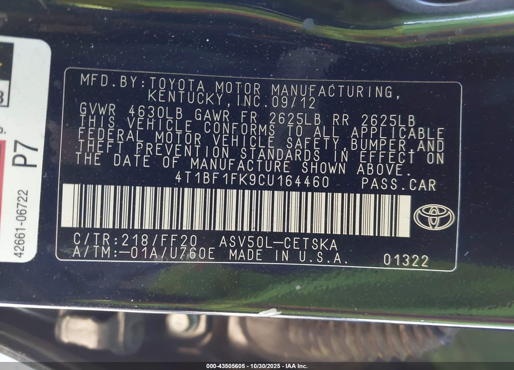 2012 TOYOTA CAMRY SE VIN: 4T1BF1FK9CU164460